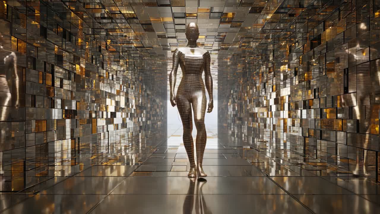 A sleek, reflective robotic figure gracefully strides down a shimmering corridor of mirrored panels and golden accents, embodying the fusion of technology and art in a futuristic landscape
