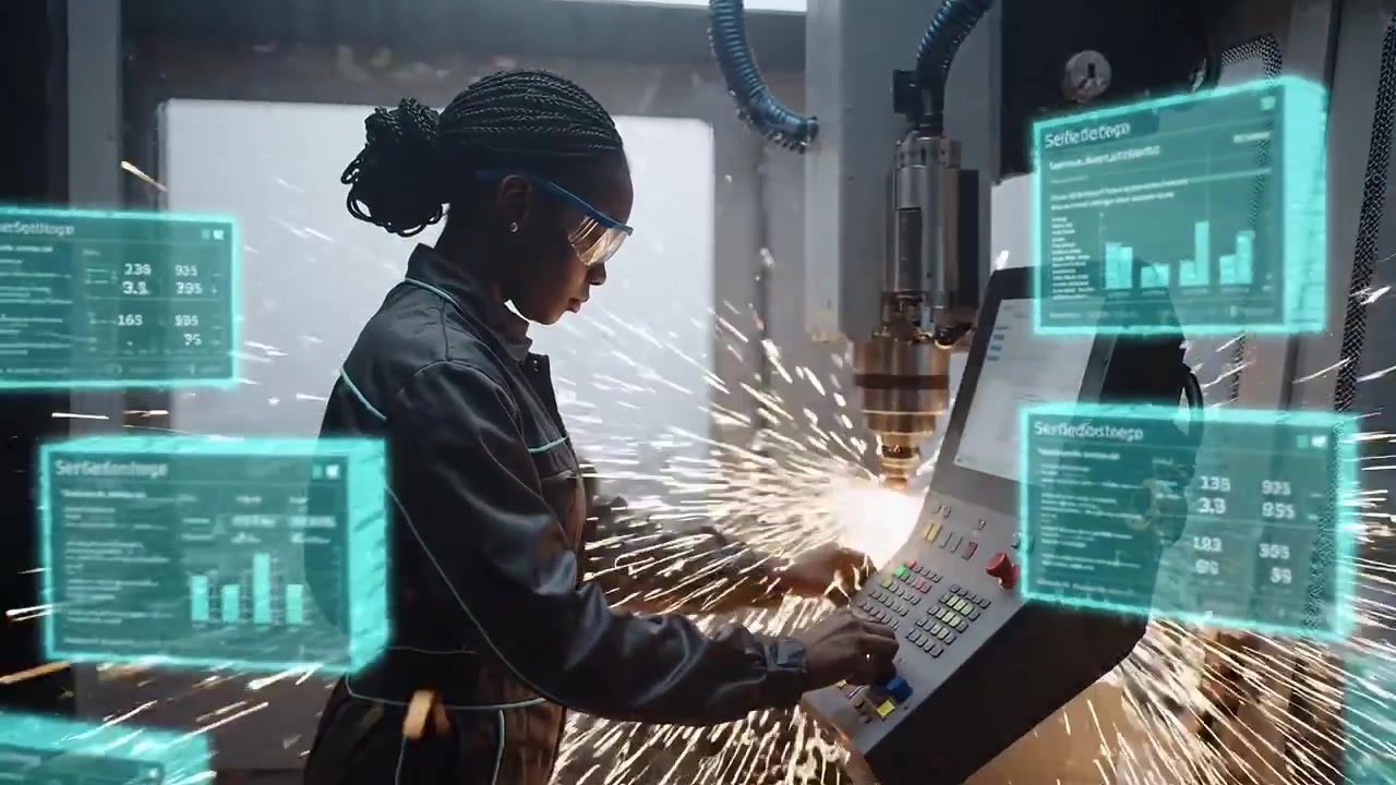 Female Engineer Operating Advanced Manufacturing Machine with Holographic Data