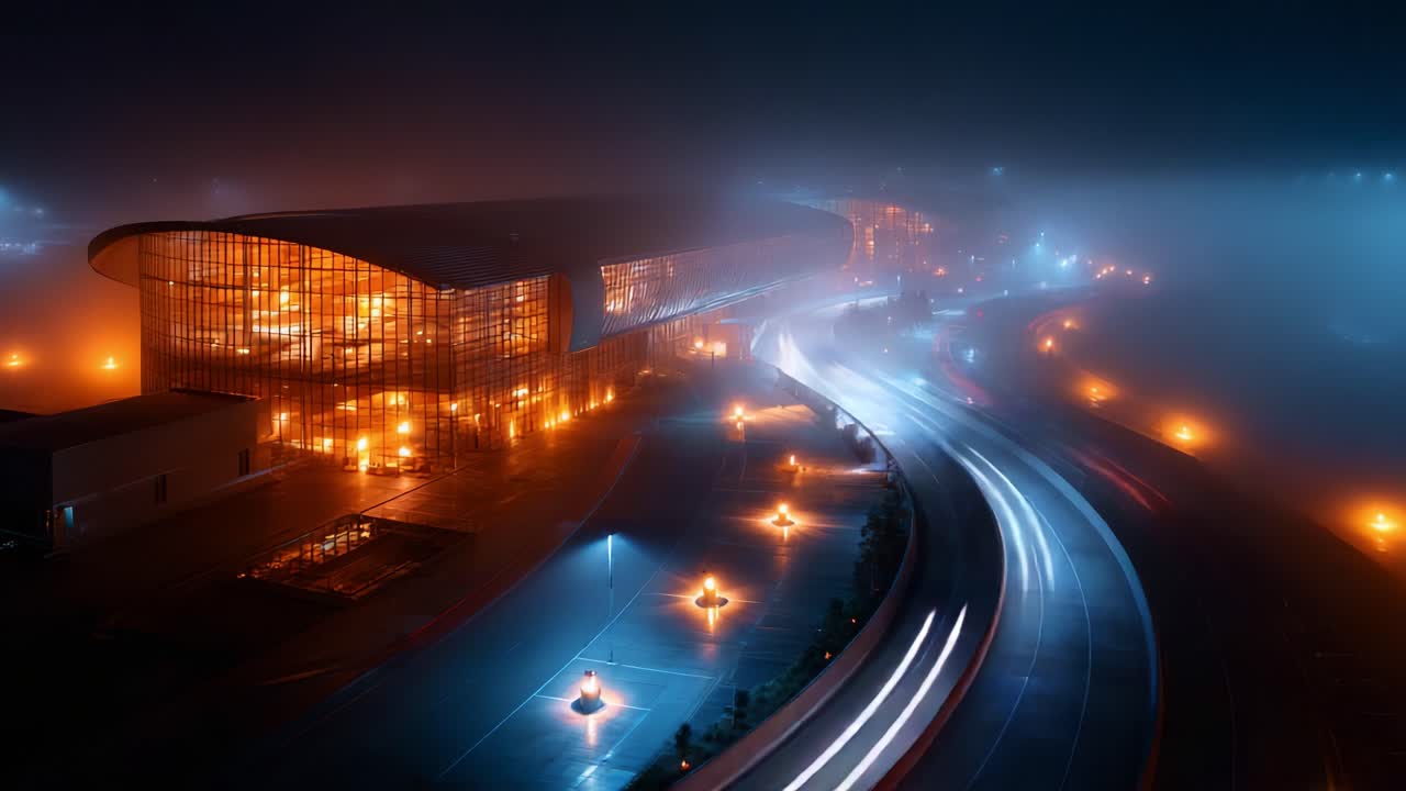 霧に包まれた建築物の素晴らしい夜景。光が輝き、通り過ぎる車の光跡が神秘的な雰囲気を醸し出しています。