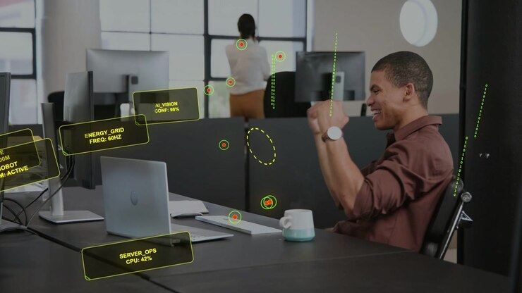 Man typing in IT open-plan office after HUD showing success and tracking laptop, then celebrating