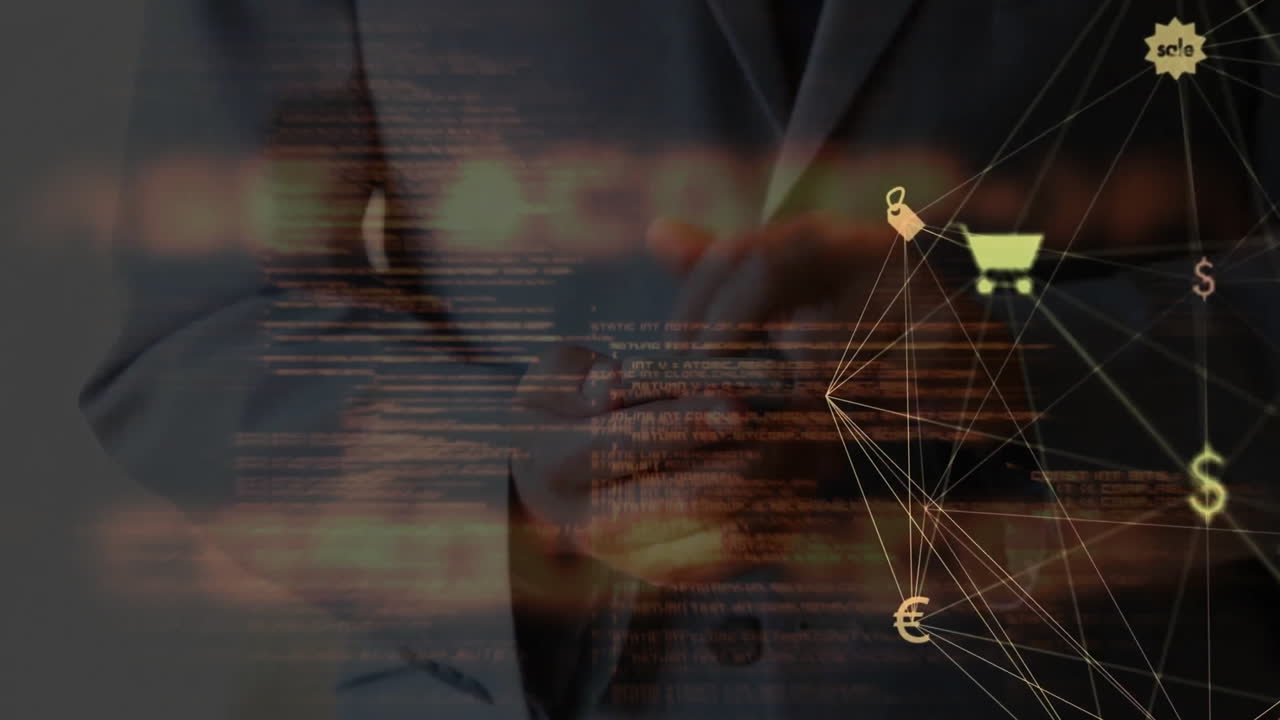 animación de la red de conexiones con iconos y procesamiento de datos sobre empresario caucásico