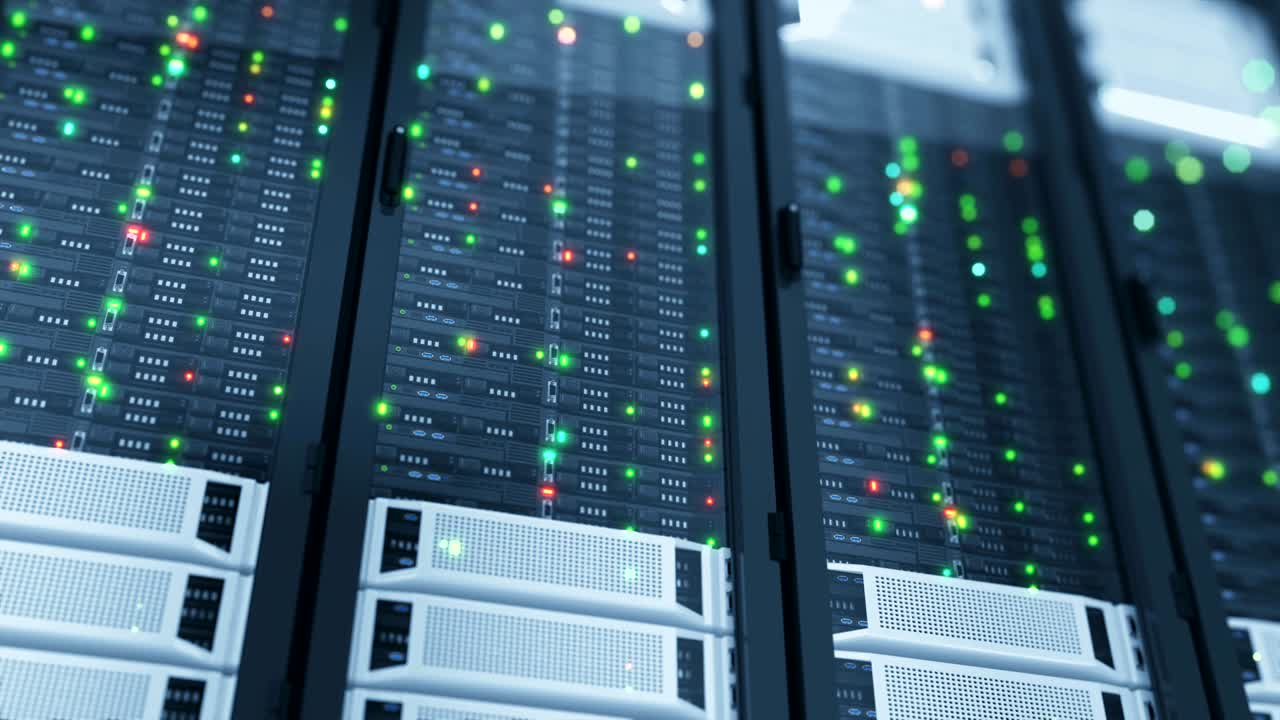 hermosos servidores de primer plano en el centro de datos moderno. renderización 3d pesada. almacenamiento de datos de computación en la nube. animación 3d en bucle.