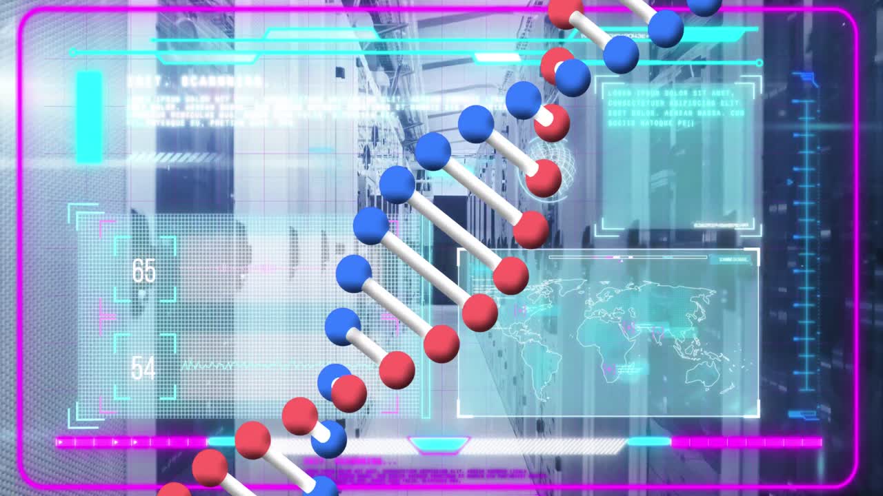 Animation of dna strand spinning and data processing over computer servers