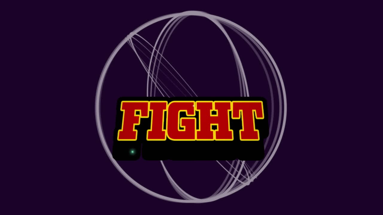 어두운 배경에 움직이는 원 위의 싸움 텍스트의 애니메이션