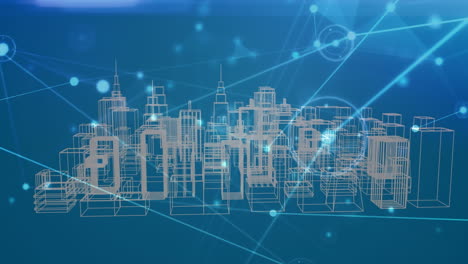 animation of network of connections and data processing over city on blue background