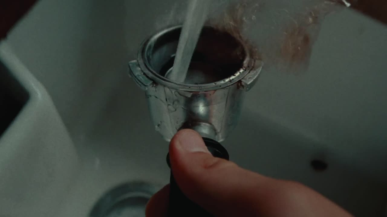 en una vista fija, la cámara captura el viaje de una cafetera desde el vaciado de su contenido, seguido de la limpieza con agua y la colocación de nuevo en la pila