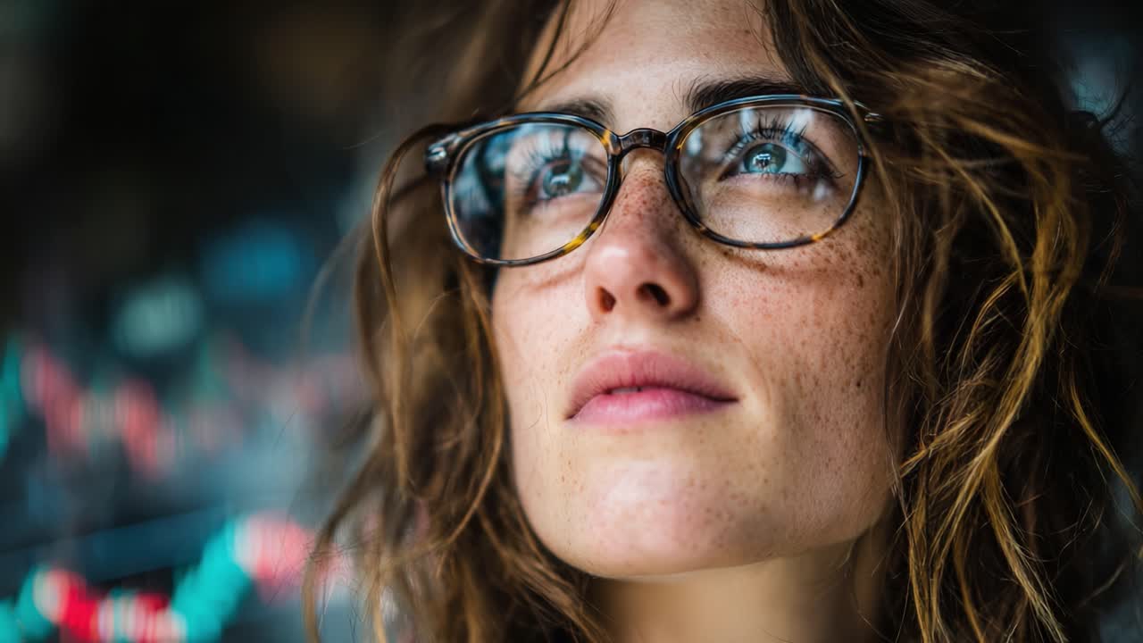 A thoughtful woman wearing glasses gazes intently into the distance, reflecting on ideas, dreams, or plans, while colorful charts blur gently in the background
