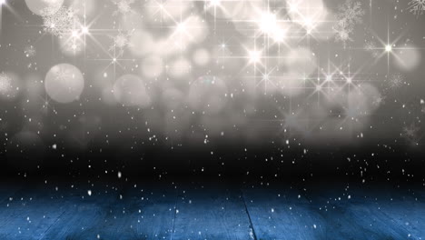animación de nieve cayendo sobre puntos de luz con espacio de copia y tablas de madera