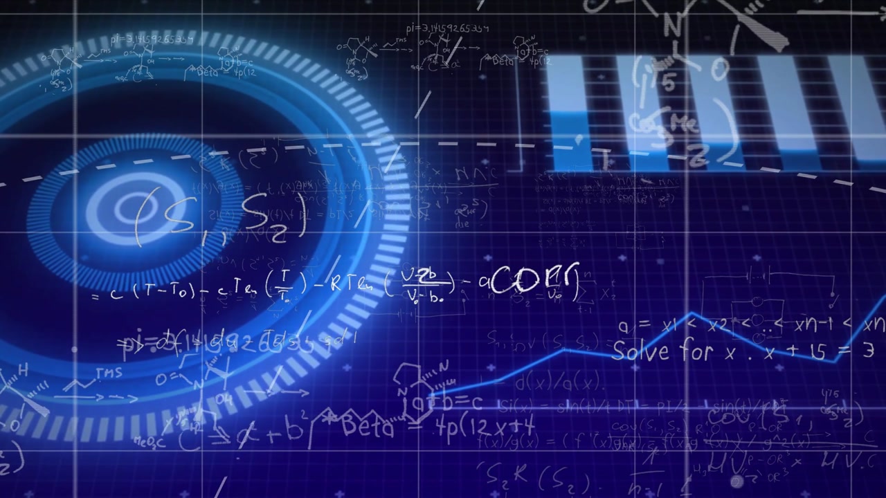 Circular HUD responding to playback, rotating rings revealing charts, formulas annotating analytics