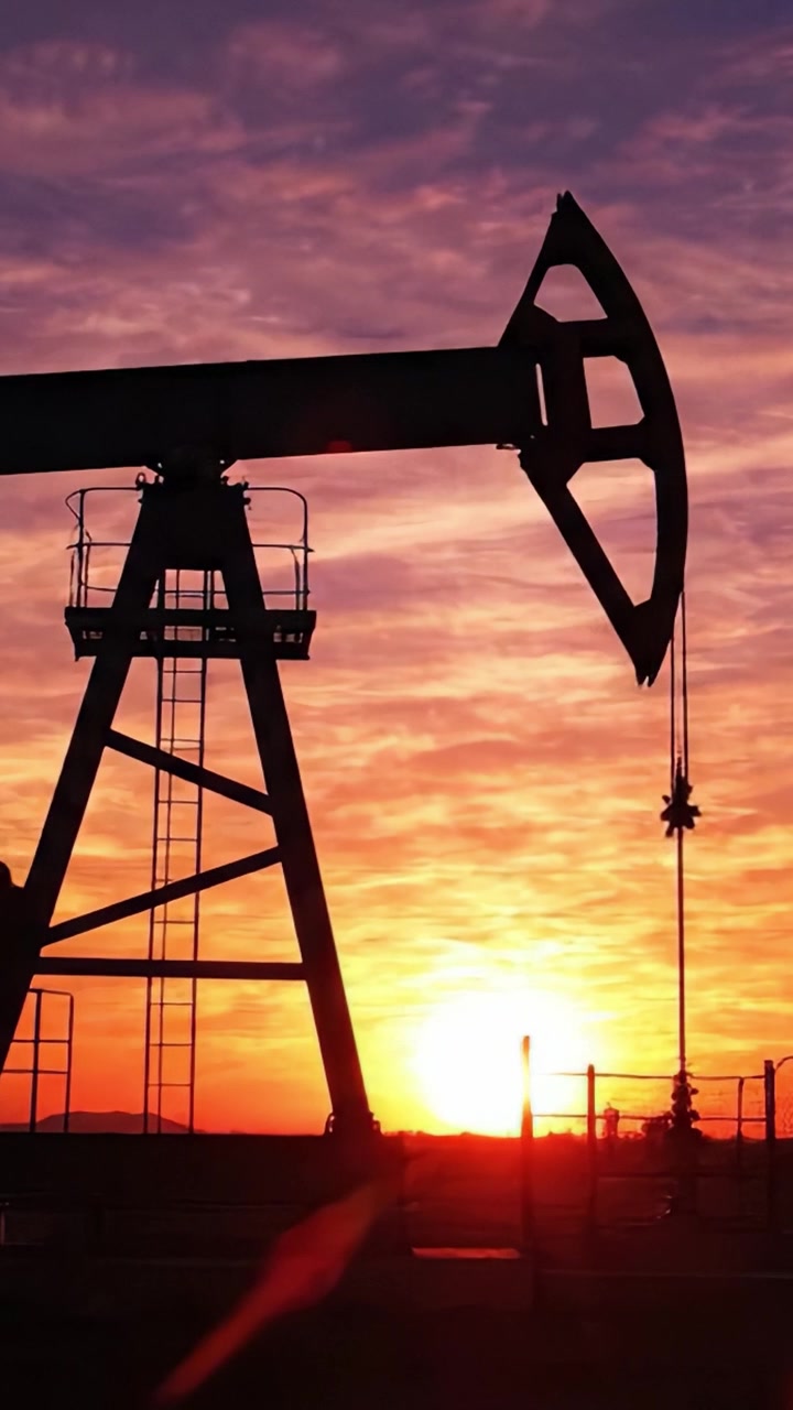 Silhouetted Oil Pump Jack Against a Vibrant Sunset Sky: A Stunning View of Industrial Machinery and Natural Beauty United