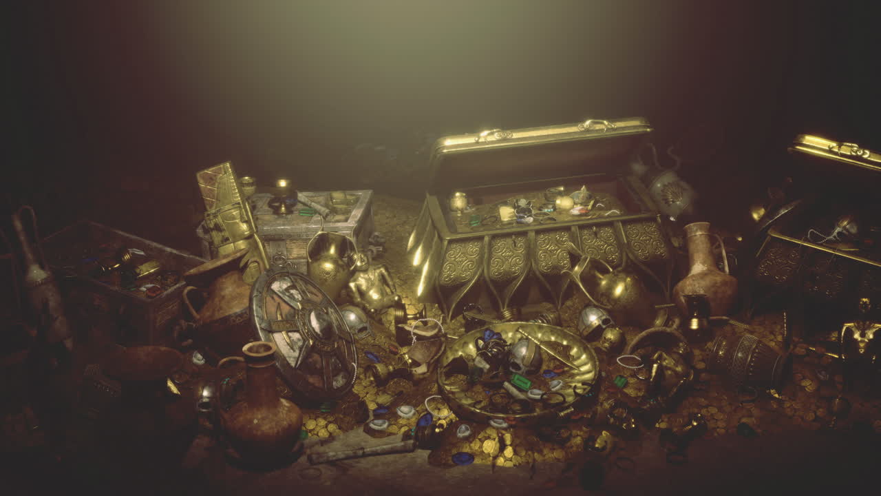 A dark cave brimming with gold coins and ancient treasures