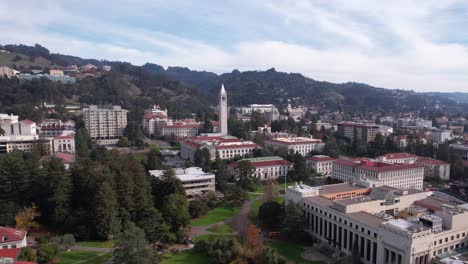 aerial view, university of california berkeley campus building, establishing drone shot