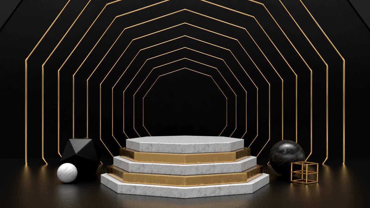 fondo 3d con mármol blanco y pedestal dorado. animación de bucle para la moda