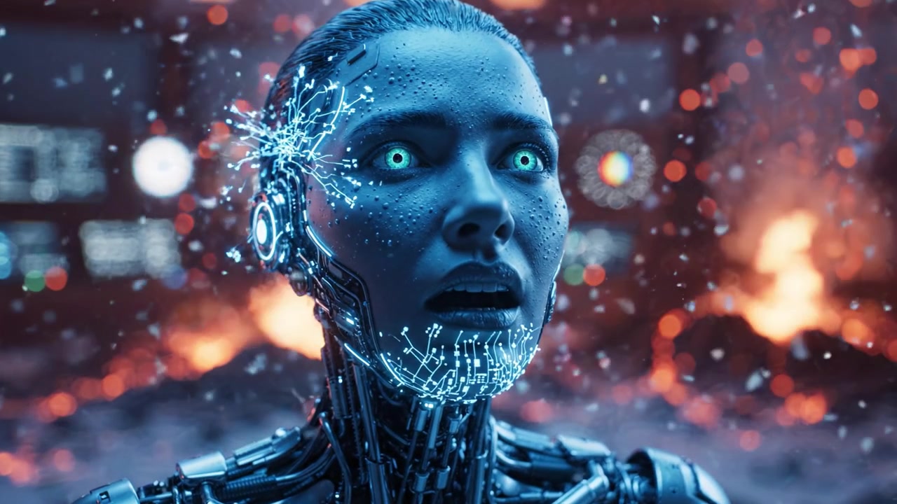 Un cyborg futuristico con occhi luminosi e intricate caratteristiche metalliche, che esprime un misto di sorpresa e meraviglia in mezzo a uno sfondo drammatico e infuocato di distruzione.