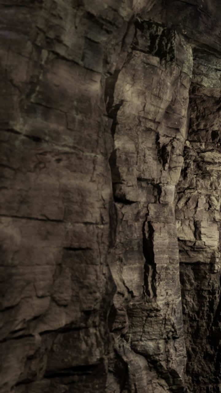 Formazione rocciosa della parete con texture e dettagli in un'ambientazione di grotta buia