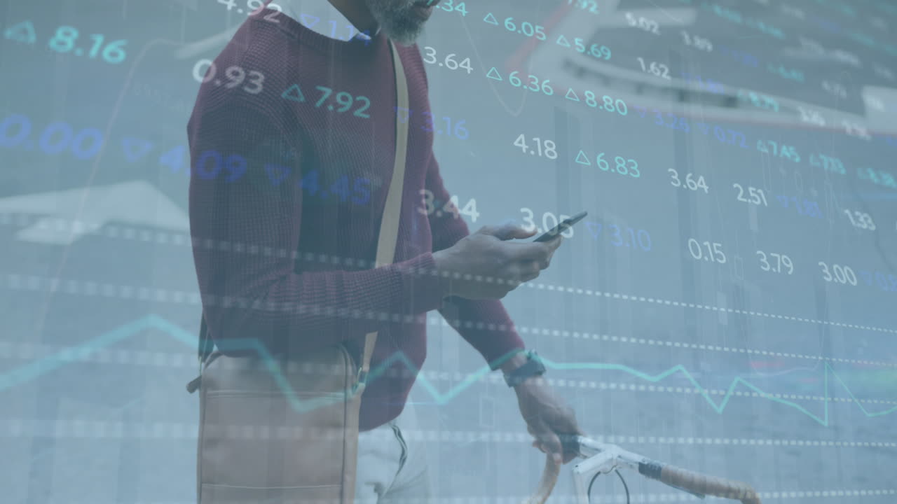 animazione di una tavola di negoziazione su un anziano afroamericano in bicicletta che usa un cellulare