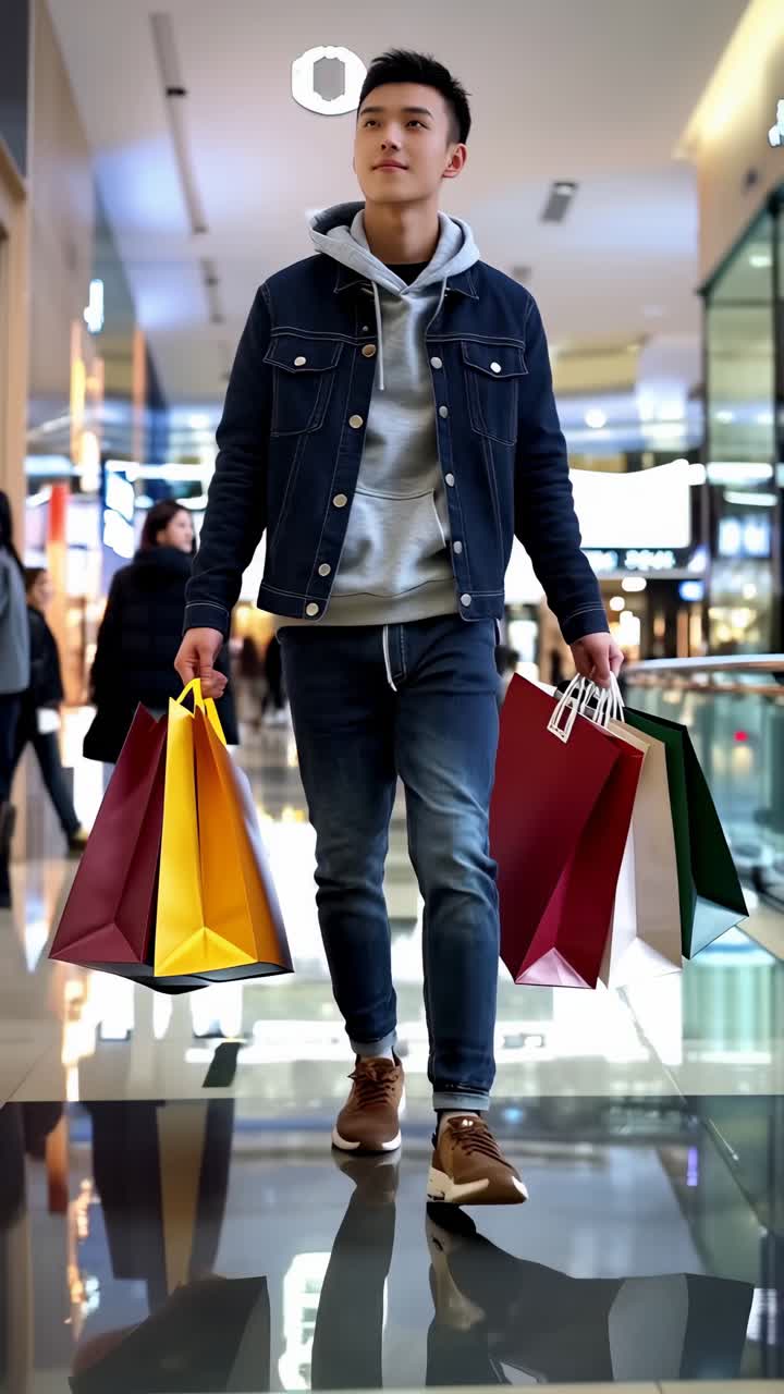 A man in a blue jacket is walking through a shopping mall with a group of people