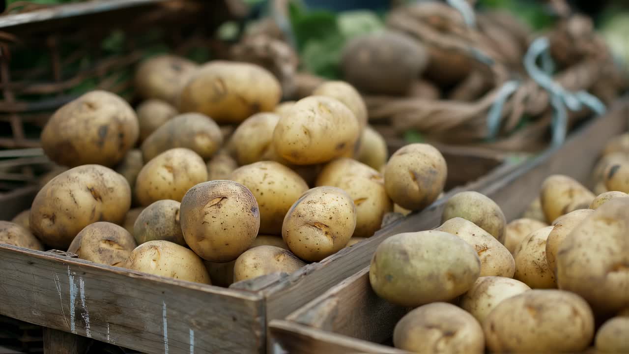 Potatoes in Wooden Crates at Farmers Market