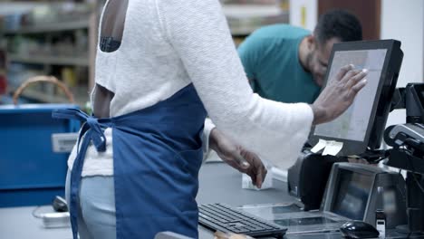 Back-view-of-cashier-scanning-goods-at-checkout