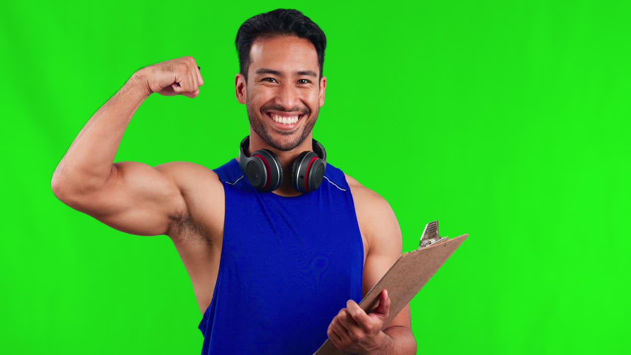 Happy, flex and man in a studio with green screen