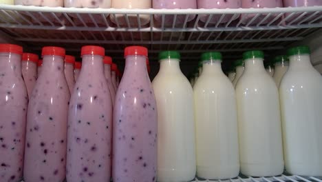 yogur en botellas de plástico con arándanos