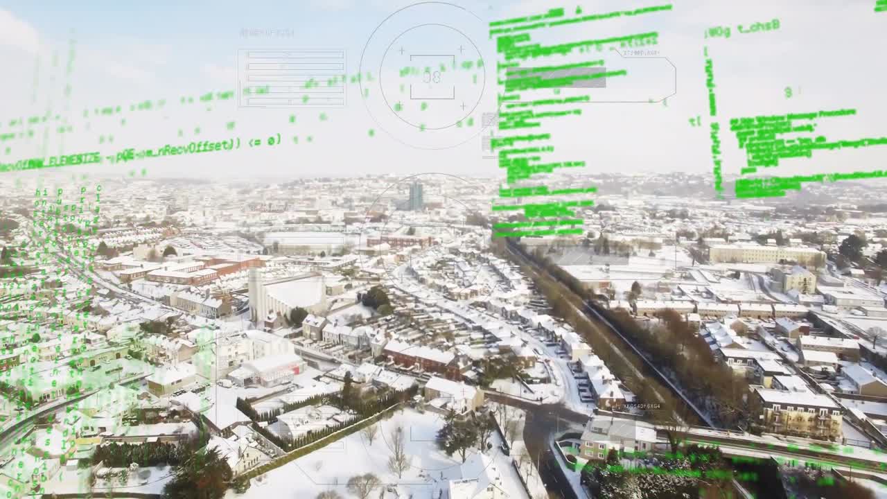 도시 풍경 위의 데이터 처리 애니메이션