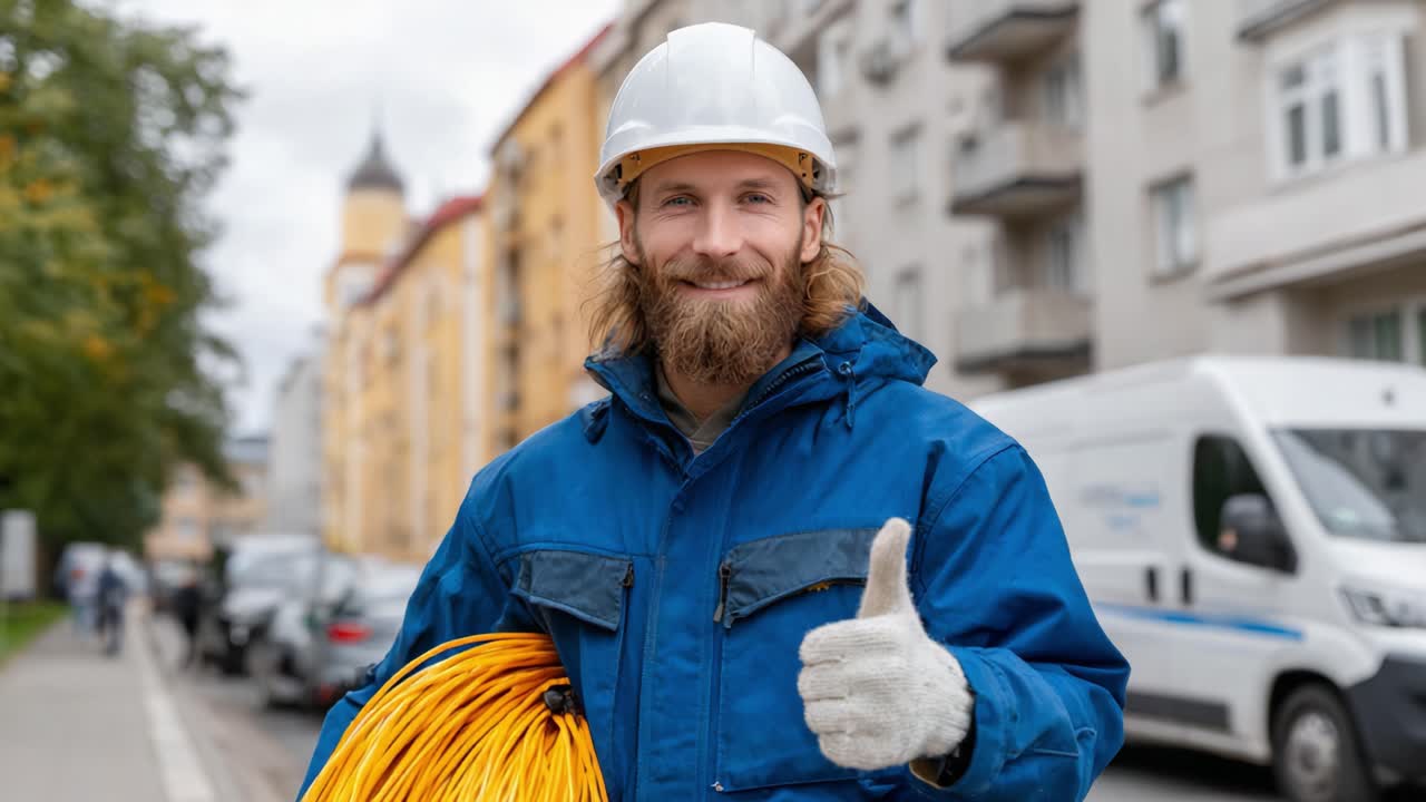 Confident Worker in Safety Gear Giving Thumbs Up With Cable, Standing on Urban Street with Buildings and Vehicles in Background