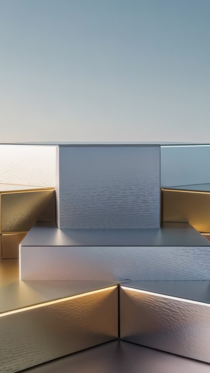 Vertical video: Responding to light shifts metal blocks showing highlights in studio, blue gradient