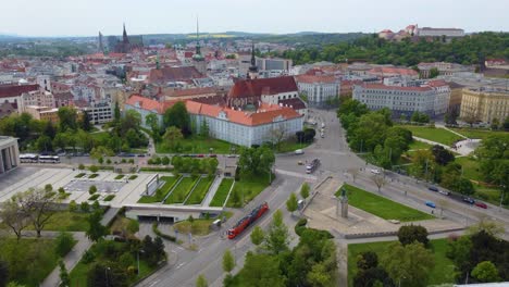 brno, czech replubic aerial skyline shot showing inner city and public transportation with cathedral of st