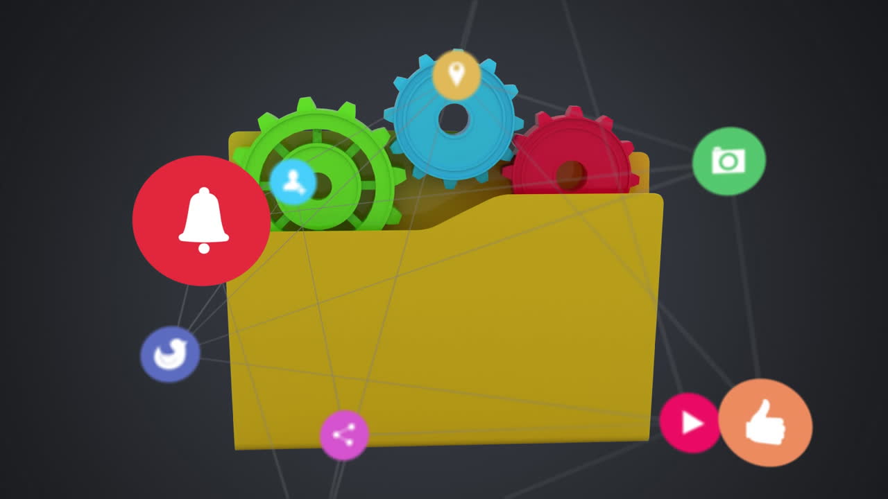 red de iconos digitales que se mueven contra el icono de la carpeta en un fondo gris