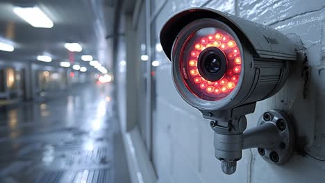 close-up of a security camera with red infrared lights in a blurry hallway