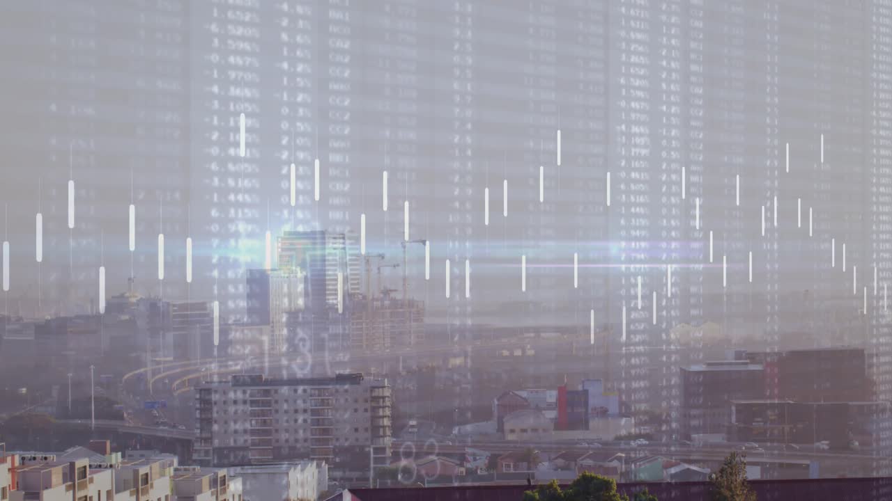 Animation of financial data processing and stock market over cityscape