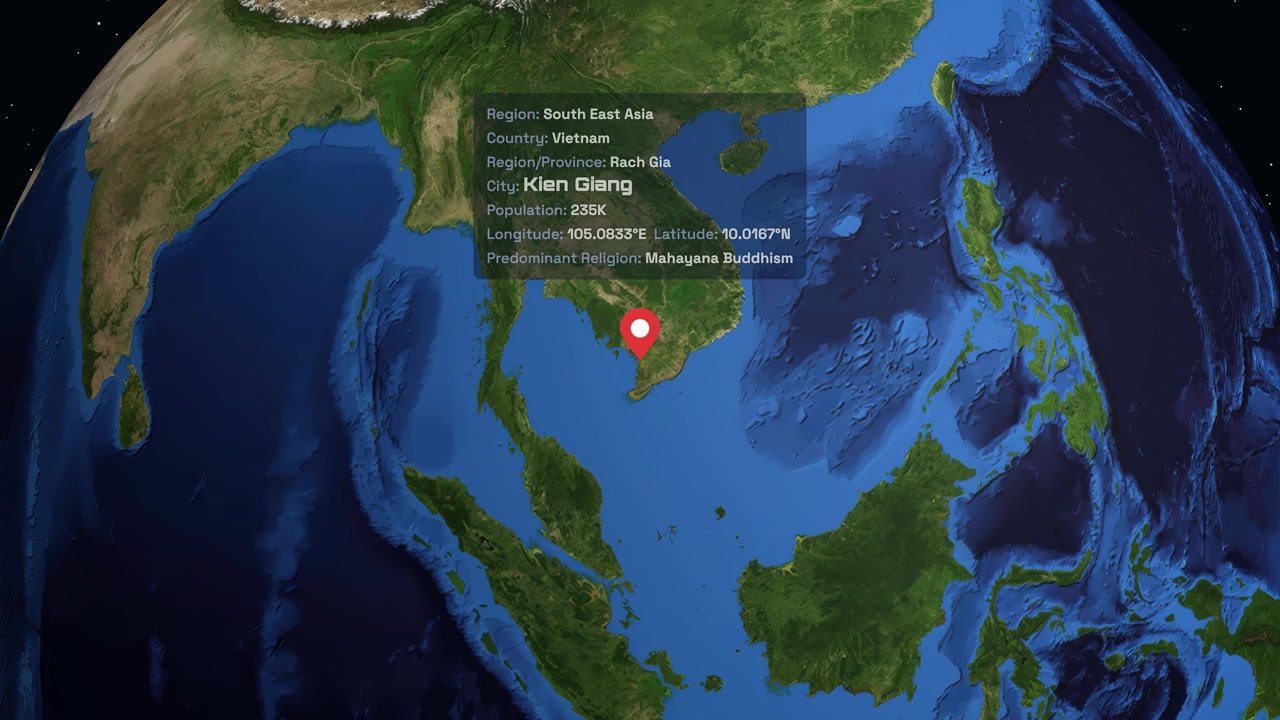 Digital globe rotates and zooms into Southeast Asia highlighting Rach Gia Vietnam with data overlay
