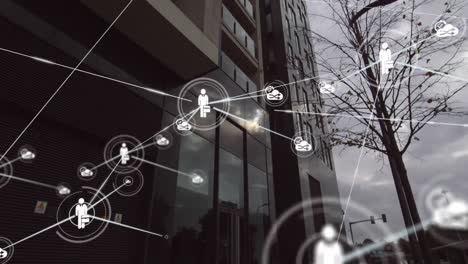 animation of network of connections over modern office building