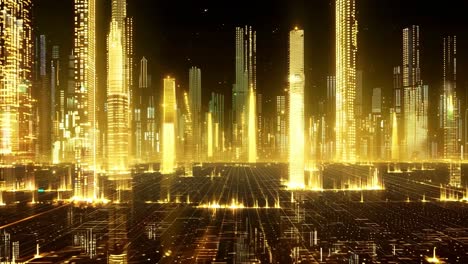 A cityscape with tall buildings lit up in gold. The city appears to be a futuristic metropolis