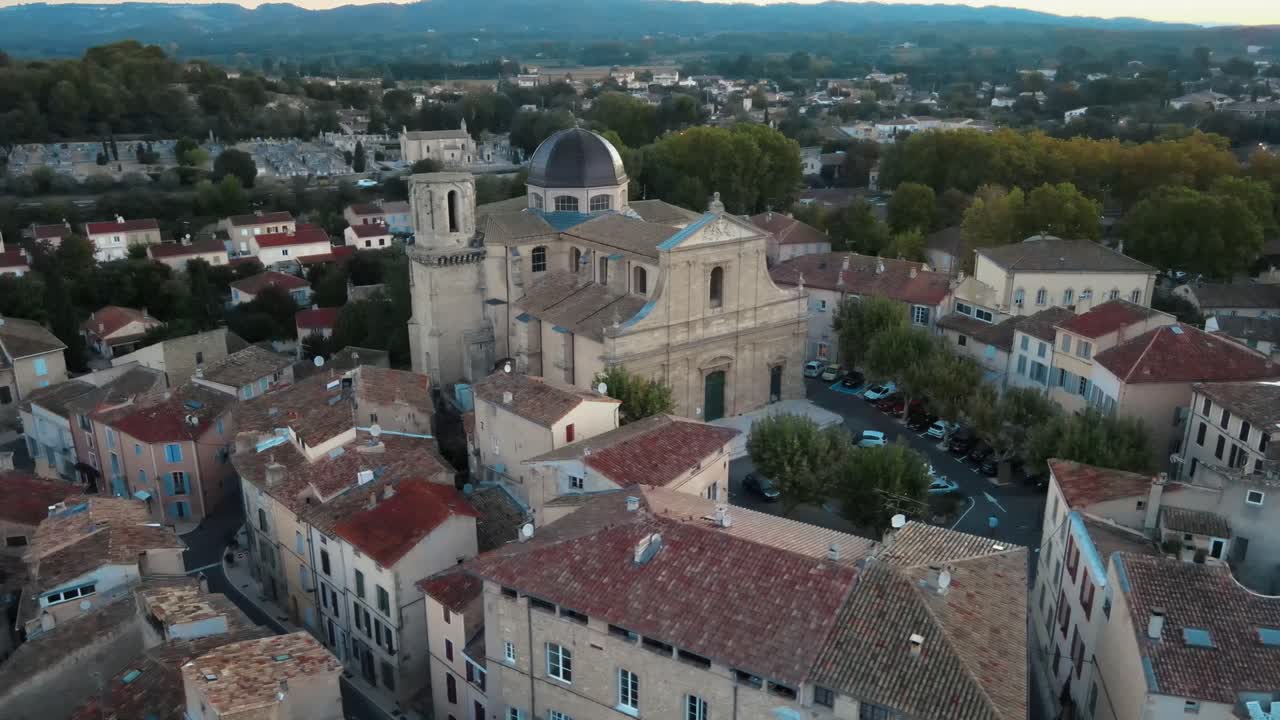 Aerial orbiting shot of the beautiful &eacute;glise notre-dame-de-l'assomption de lambesc