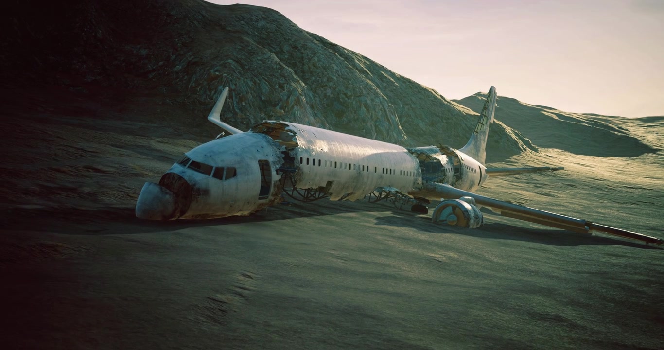 Relitto di aereo abbandonato in un paesaggio desolato al tramonto