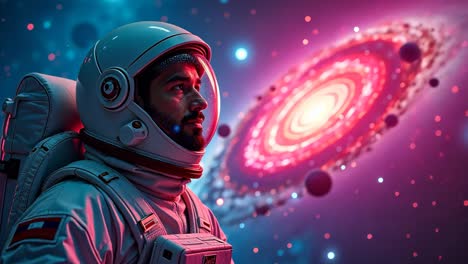 astronaut gazing at a galaxy