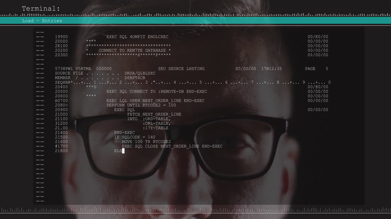 Animation of data processing on computer screen over man wearing glasses