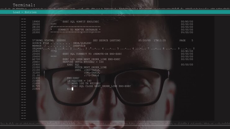 Animation der Datenverarbeitung auf Computerbildschirm über einem Mann mit Brille