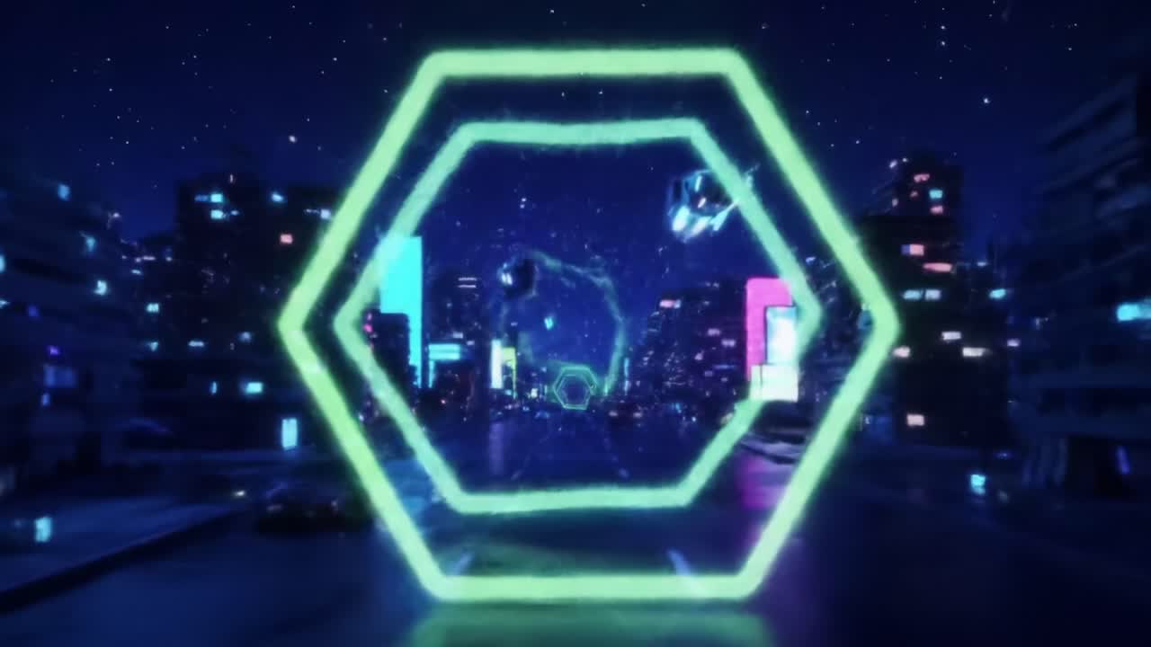 A Futuristic Journey Through Neon Hexagons: Exploring a Digital Cityscape with Glowing Shapes and Ethereal Lighting Against a Starry Night Sky
