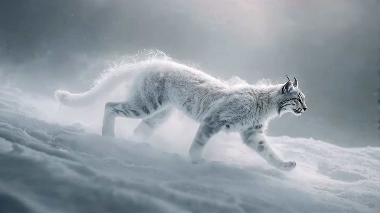 Sensing scent, small wildcat walking right across snowbank with falling snow, leaving prints