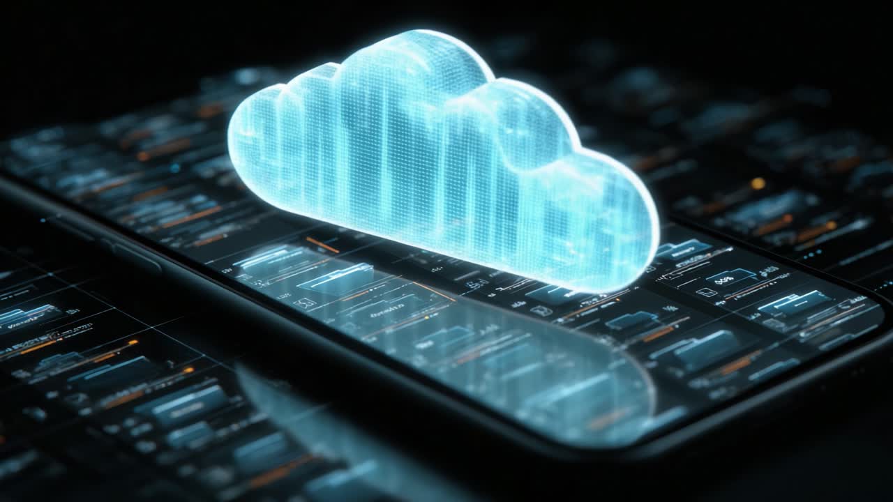 Innovative Technology Visualization: Digital Cloud Interface Overlaid on Smart Device Display Emphasizing Data Connection and Information Flow