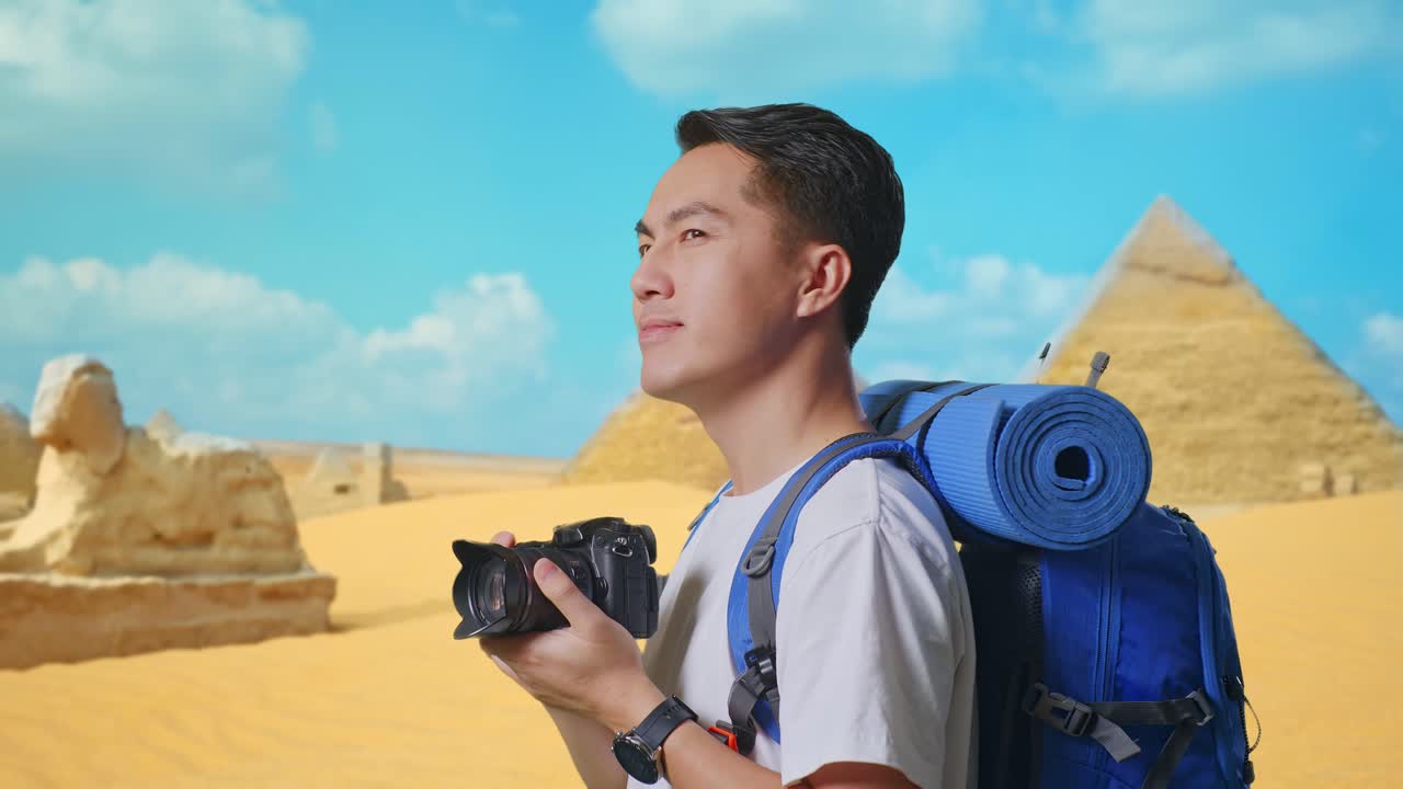Traveler taking photo of the pyramids