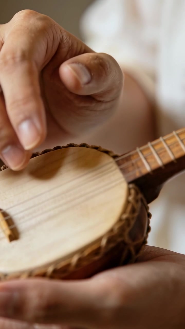 Video verticale: Dita di un musicista che pizzicano le corde di un liuto in una stanza, la mano sinistra tiene lo strumento, il musicista indossa una maglietta bianca.