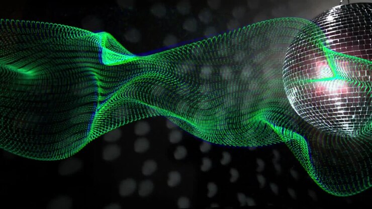Animation of rotating disco ball and waves on black background