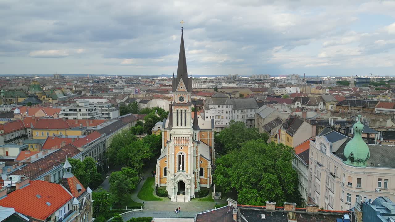4K aerial orbit around St. Francis of Assisi Parish, a Neo-Romanesque church in Budapest, Hungary