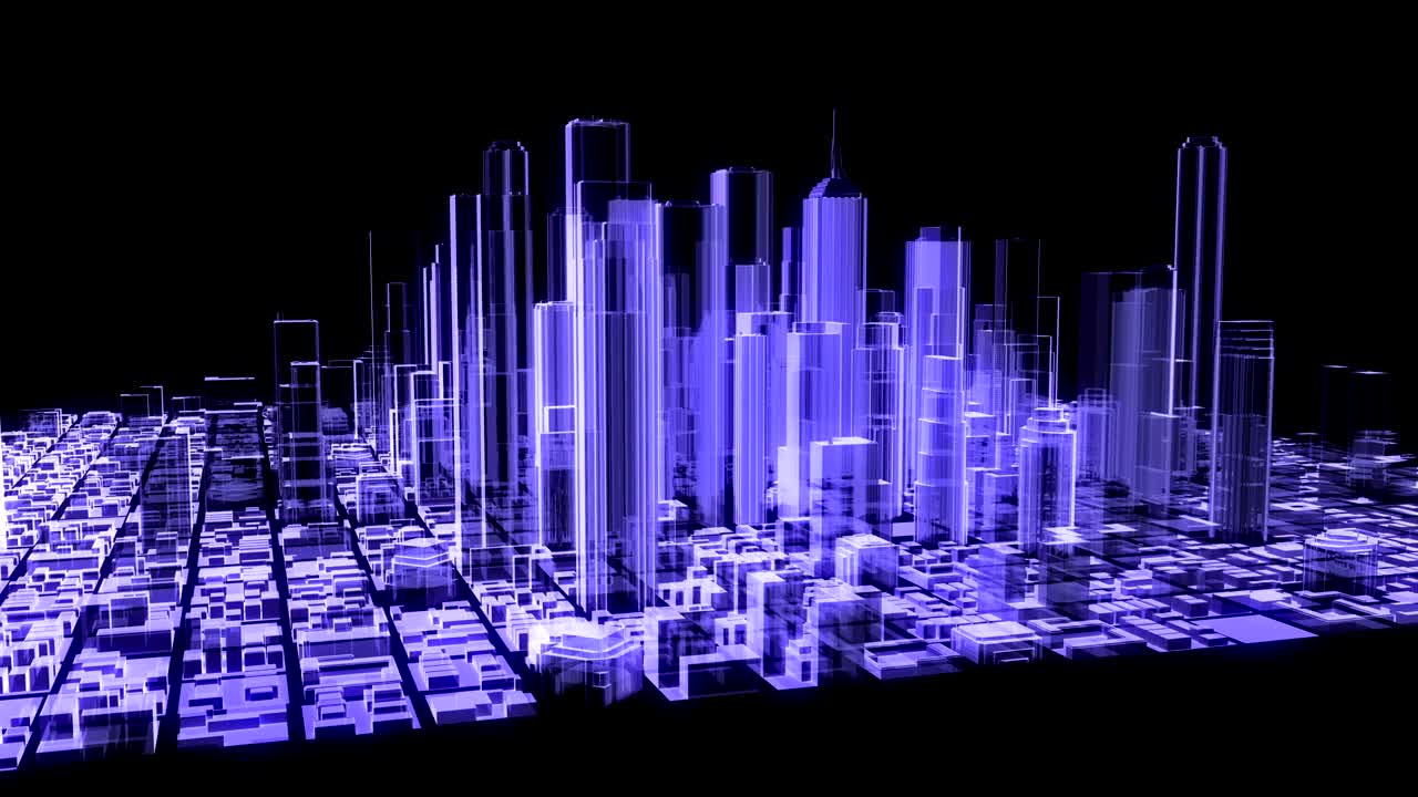 3D animation of a holographic city rotating with luma matte and also loopable