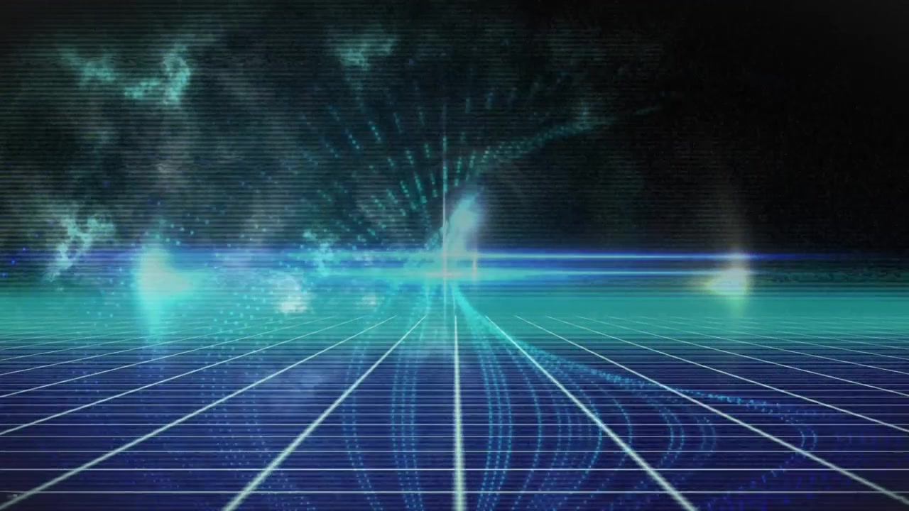 Small teal dot arc emerging over cosmic horizon sparking swirling spiral animation visualizing grid