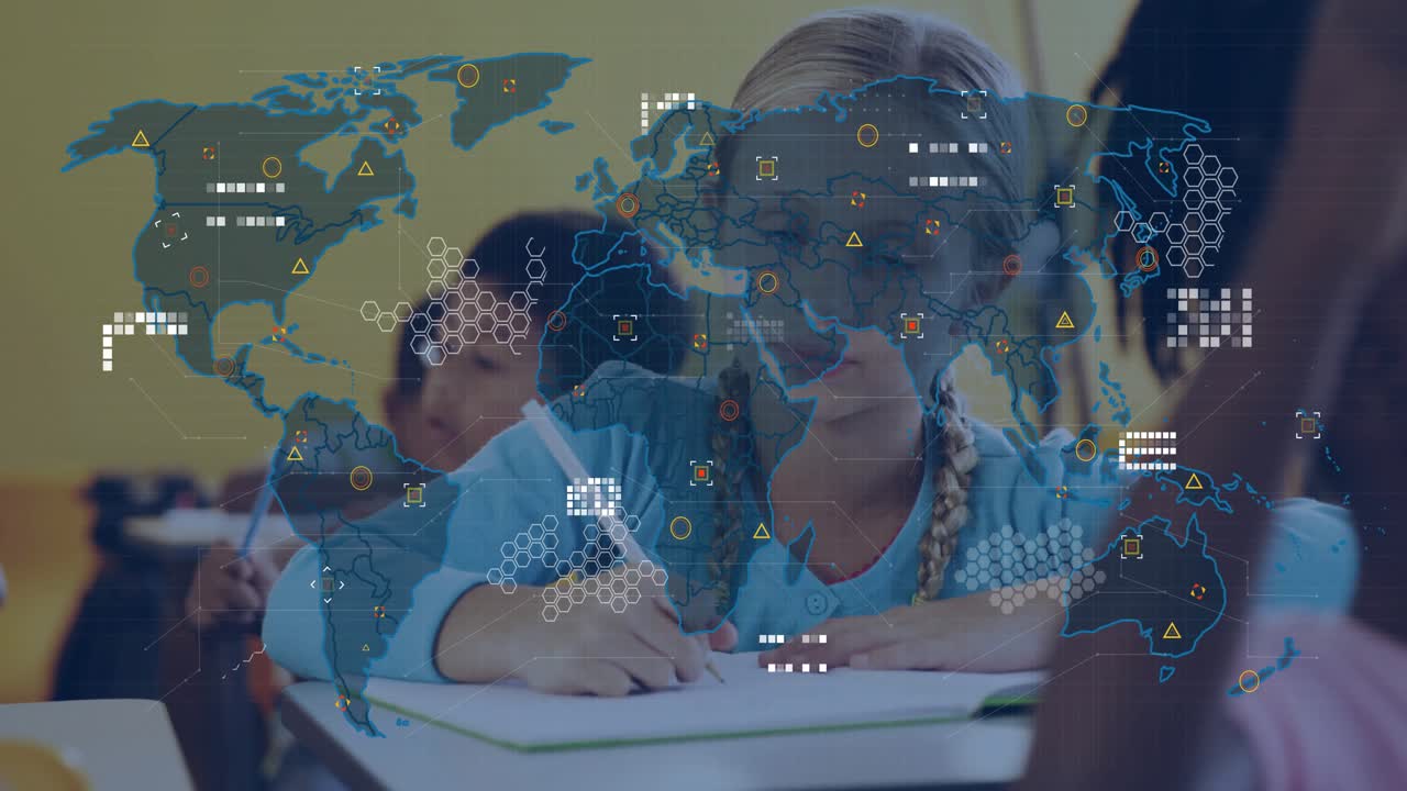 Girl writing notebook noticing map overlay fading in and illustrating global network over classroom